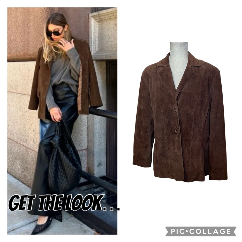 Vintage Preston & York Brown Genuine Suede Leather Two Button Blazer Size XL